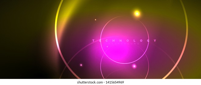 Brillantes círculos de neón y líneas onduladas, brillante plantilla de diseño de fondo, concepto digital tecno. Luminoso camino giratorio, efecto de velocidad de obturación lento.