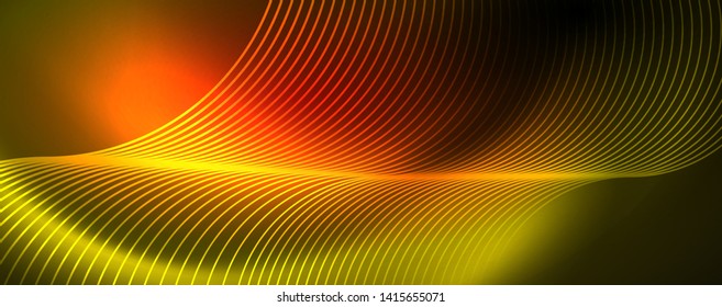 Brillantes círculos de neón y líneas onduladas, brillante plantilla de diseño de fondo, concepto digital tecno. Luminoso camino giratorio, efecto de velocidad de obturación lento.