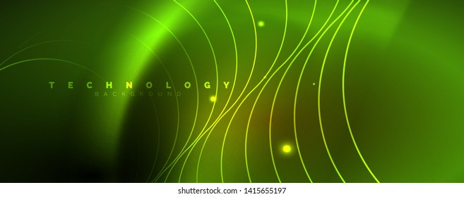 Brillantes círculos de neón y líneas onduladas, brillante plantilla de diseño de fondo, concepto digital tecno. Luminoso camino giratorio, efecto de velocidad de obturación lento.