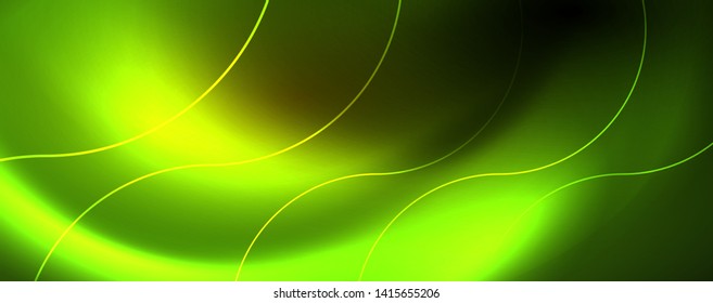 Helle Neonkreise und Wellenlinien, glänzende Hintergrunddesign-Vorlage, digitales Techno-Konzept. Leuchtender Schwenk-Weg, langsamer Verschlusszeiteneffekt.