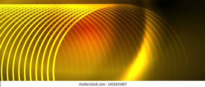 Bright neon circles and wave lines, glowing shiny background design template, digital techno concept. Luminous swirl trail, slow shutter speed effect.