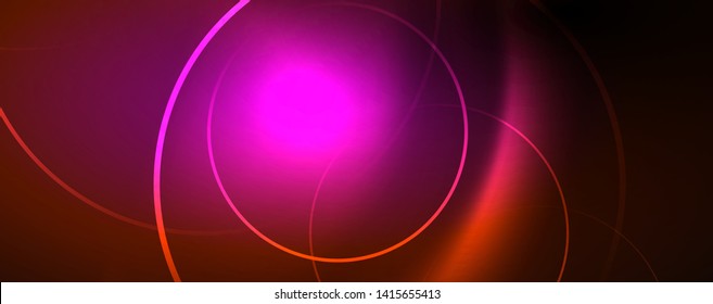 Brillantes círculos de neón y líneas onduladas, brillante plantilla de diseño de fondo, concepto digital tecno. Luminoso camino giratorio, efecto de velocidad de obturación lento.