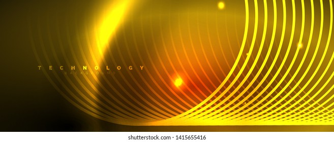 Bright neon circles and wave lines, glowing shiny background design template, digital techno concept. Luminous swirl trail, slow shutter speed effect.