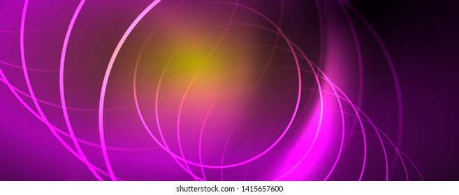 Bright neon circles and wave lines, glowing shiny background design template, digital techno concept. Luminous swirl trail, slow shutter speed effect.
