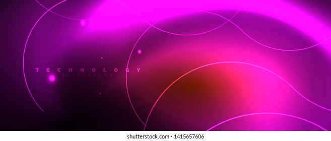 Brillantes círculos de neón y líneas onduladas, brillante plantilla de diseño de fondo, concepto digital tecno. Luminoso camino giratorio, efecto de velocidad de obturación lento.