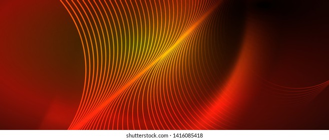 Brillantes círculos de neón y líneas onduladas, brillante plantilla de diseño de fondo, concepto digital tecno. Luminoso camino giratorio, efecto de velocidad de obturación lento.