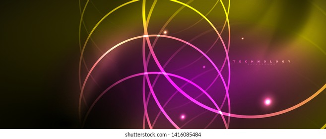 Bright neon circles and wave lines, glowing shiny background design template, digital techno concept. Luminous swirl trail, slow shutter speed effect.