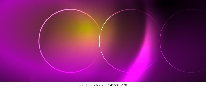 Bright neon circles and wave lines, glowing shiny background design template, digital techno concept. Luminous swirl trail, slow shutter speed effect.