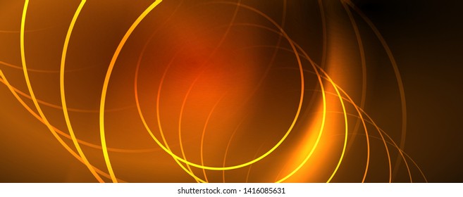 Brillantes círculos de neón y líneas onduladas, brillante plantilla de diseño de fondo, concepto digital tecno. Luminoso camino giratorio, efecto de velocidad de obturación lento.
