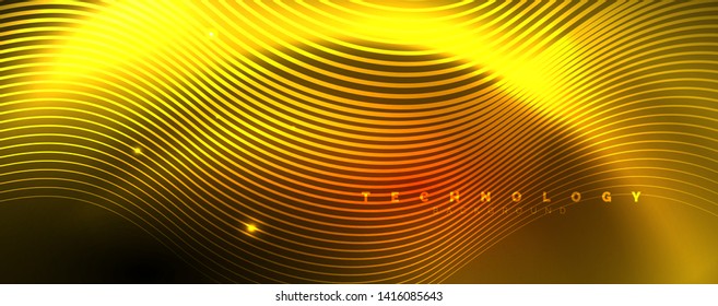 Bright neon circles and wave lines, glowing shiny background design template, digital techno concept. Luminous swirl trail, slow shutter speed effect.