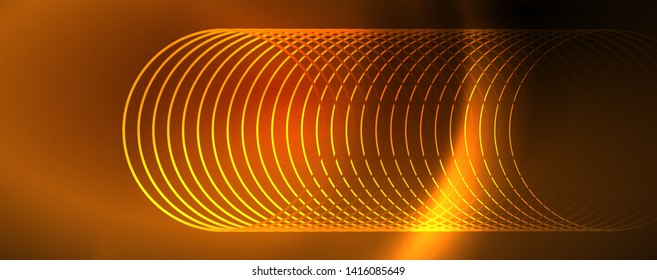 Bright neon circles and wave lines, glowing shiny background design template, digital techno concept. Luminous swirl trail, slow shutter speed effect.