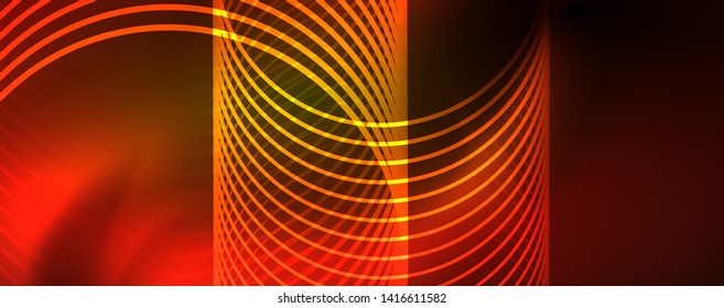 Brillantes círculos de neón y líneas onduladas, brillante plantilla de diseño de fondo, concepto digital tecno. Luminoso camino giratorio, efecto de velocidad de obturación lento.