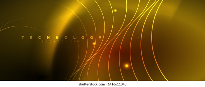 Brillantes círculos de neón y líneas onduladas, brillante plantilla de diseño de fondo, concepto digital tecno. Luminoso camino giratorio, efecto de velocidad de obturación lento.
