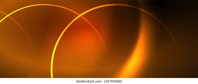 Bright neon circles and wave lines, glowing shiny background design template, digital techno concept. Luminous swirl trail, slow shutter speed effect.