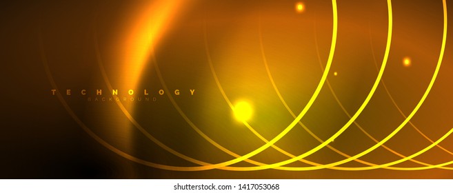 Helle Neonkreise und Wellenlinien, glänzende Hintergrunddesign-Vorlage, digitales Techno-Konzept. Leuchtender Schwenk-Weg, langsamer Verschlusszeiteneffekt.