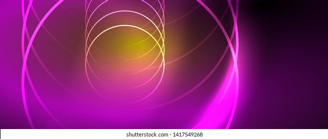 Bright neon circles and wave lines, glowing shiny background design template, digital techno concept. Luminous swirl trail, slow shutter speed effect.