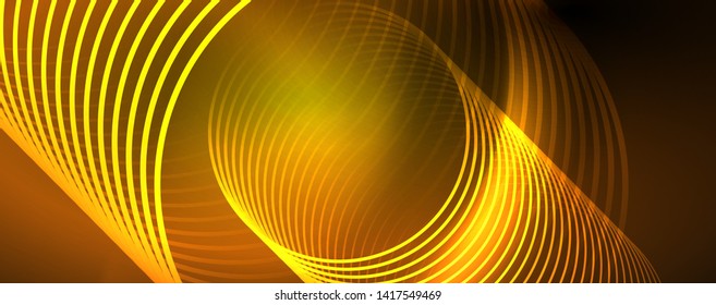 Brillantes círculos de neón y líneas onduladas, brillante plantilla de diseño de fondo, concepto digital tecno. Luminoso camino giratorio, efecto de velocidad de obturación lento.