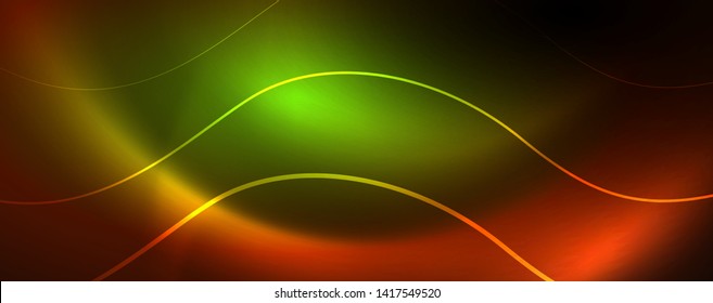 Brillantes círculos de neón y líneas onduladas, brillante plantilla de diseño de fondo, concepto digital tecno. Luminoso camino giratorio, efecto de velocidad de obturación lento.