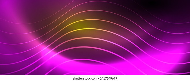 Bright neon circles and wave lines, glowing shiny background design template, digital techno concept. Luminous swirl trail, slow shutter speed effect.