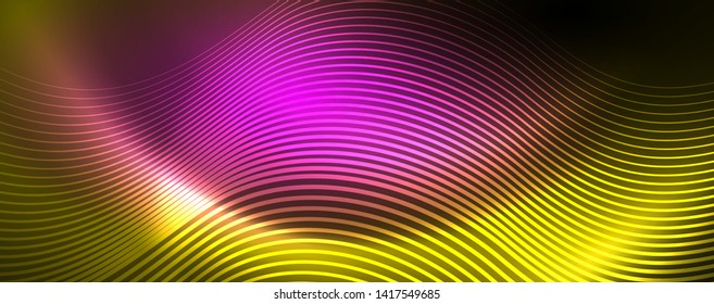 Bright neon circles and wave lines, glowing shiny background design template, digital techno concept. Luminous swirl trail, slow shutter speed effect.