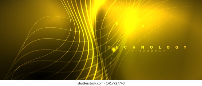 Bright neon circles and wave lines, glowing shiny background design template, digital techno concept. Luminous swirl trail, slow shutter speed effect.