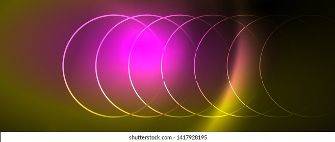 Bright neon circles and wave lines, glowing shiny background design template, digital techno concept. Luminous swirl trail, slow shutter speed effect.