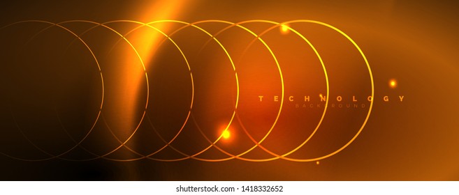 Bright neon circles and wave lines, glowing shiny background design template, digital techno concept. Luminous swirl trail, slow shutter speed effect.