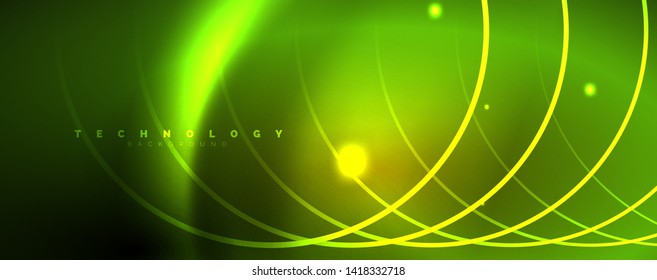 Bright neon circles and wave lines, glowing shiny background design template, digital techno concept. Luminous swirl trail, slow shutter speed effect.