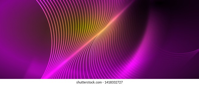 Bright neon circles and wave lines, glowing shiny background design template, digital techno concept. Luminous swirl trail, slow shutter speed effect.