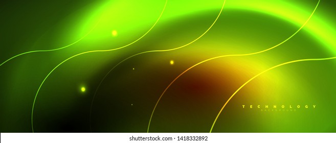 Brillantes círculos de neón y líneas onduladas, brillante plantilla de diseño de fondo, concepto digital tecno. Luminoso camino giratorio, efecto de velocidad de obturación lento.