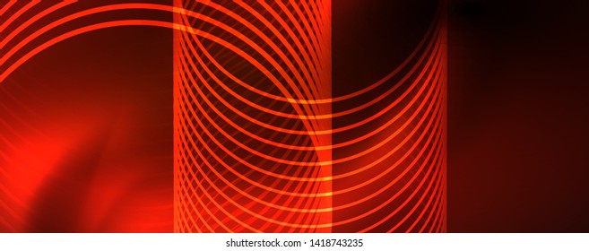 Bright neon circles and wave lines, glowing shiny background design template, digital techno concept. Luminous swirl trail, slow shutter speed effect.