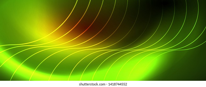 Bright neon circles and wave lines, glowing shiny background design template, digital techno concept. Luminous swirl trail, slow shutter speed effect.