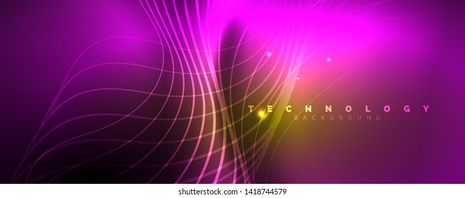 Bright neon circles and wave lines, glowing shiny background design template, digital techno concept. Luminous swirl trail, slow shutter speed effect.