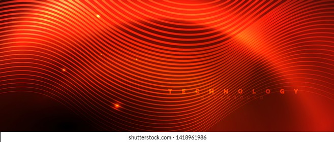 Bright neon circles and wave lines, glowing shiny background design template, digital techno concept. Luminous swirl trail, slow shutter speed effect.