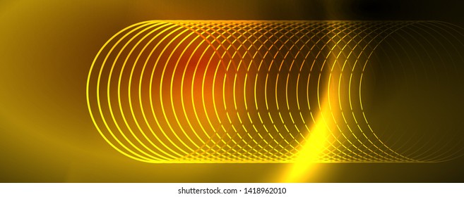 Brillantes círculos de neón y líneas onduladas, brillante plantilla de diseño de fondo, concepto digital tecno. Luminoso camino giratorio, efecto de velocidad de obturación lento.