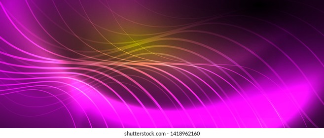 Brillantes círculos de neón y líneas onduladas, brillante plantilla de diseño de fondo, concepto digital tecno. Luminoso camino giratorio, efecto de velocidad de obturación lento.