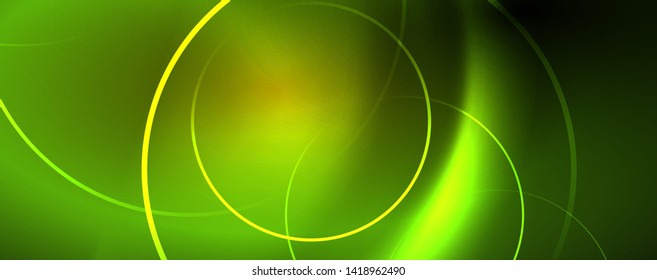 Bright neon circles and wave lines, glowing shiny background design template, digital techno concept. Luminous swirl trail, slow shutter speed effect.