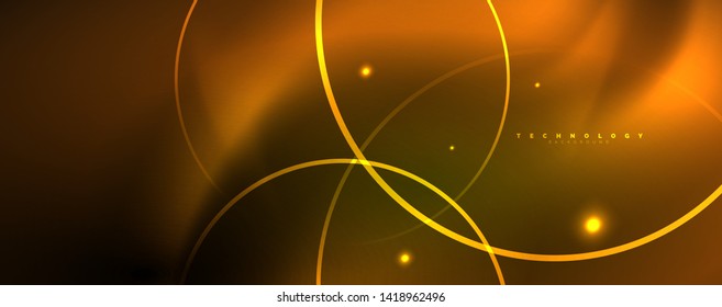 Bright neon circles and wave lines, glowing shiny background design template, digital techno concept. Luminous swirl trail, slow shutter speed effect.