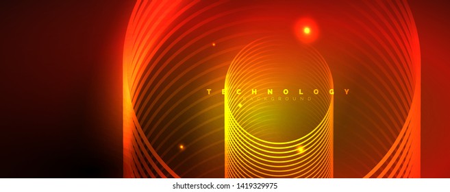 Bright neon circles and wave lines, glowing shiny background design template, digital techno concept. Luminous swirl trail, slow shutter speed effect.