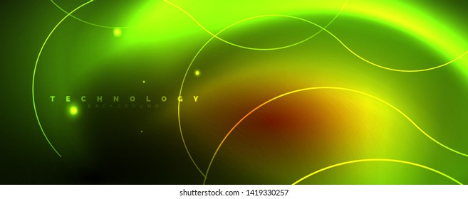 Brillantes círculos de neón y líneas onduladas, brillante plantilla de diseño de fondo, concepto digital tecno. Luminoso camino giratorio, efecto de velocidad de obturación lento.