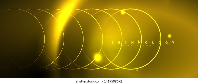 Bright neon circles and wave lines, glowing shiny background design template, digital techno concept. Luminous swirl trail, slow shutter speed effect.