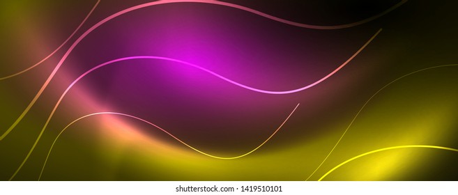 Bright neon circles and wave lines, glowing shiny background design template, digital techno concept. Luminous swirl trail, slow shutter speed effect.