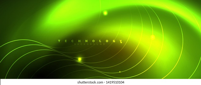 Brillantes círculos de neón y líneas onduladas, brillante plantilla de diseño de fondo, concepto digital tecno. Luminoso camino giratorio, efecto de velocidad de obturación lento.