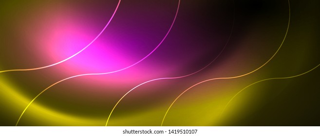 Círculos de neon brilhantes e linhas de onda, brilhante modelo de design de fundo, conceito de tecno digital. Trilha de redemoinho luminoso, efeito de velocidade do obturador lento.