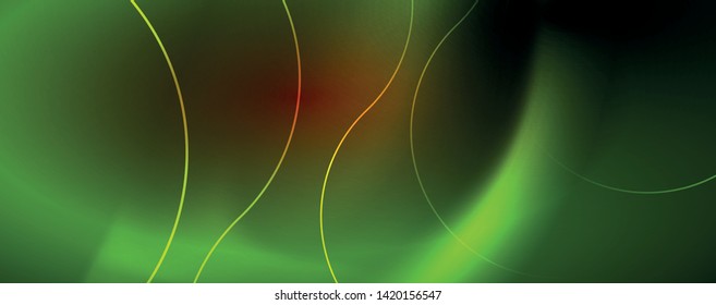 Bright neon circles and wave lines, glowing shiny background design template, digital techno concept. Luminous swirl trail, slow shutter speed effect.