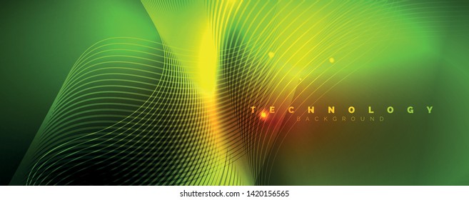 Brillantes círculos de neón y líneas onduladas, brillante plantilla de diseño de fondo, concepto digital tecno. Luminoso camino giratorio, efecto de velocidad de obturación lento.