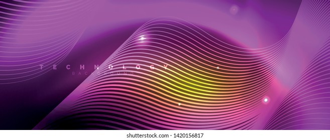 Bright neon circles and wave lines, glowing shiny background design template, digital techno concept. Luminous swirl trail, slow shutter speed effect.