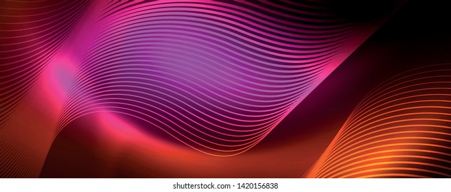 Bright neon circles and wave lines, glowing shiny background design template, digital techno concept. Luminous swirl trail, slow shutter speed effect.