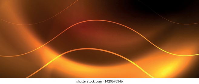 Bright neon circles and wave lines, glowing shiny background design template, digital techno concept. Luminous swirl trail, slow shutter speed effect.
