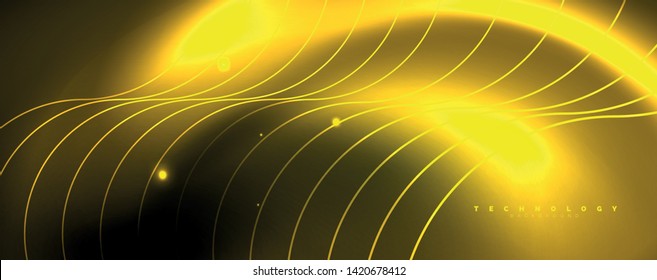 Helle Neonkreise und Wellenlinien, glänzende Hintergrunddesign-Vorlage, digitales Techno-Konzept. Leuchtender Schwenk-Weg, langsamer Verschlusszeiteneffekt.